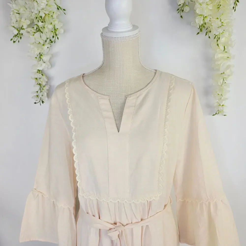 New MEROKEETY Midi Dress Medium Cream Tie Waist Bell Sleeve Cottagecore Milkmaid - Picture 7 of 13